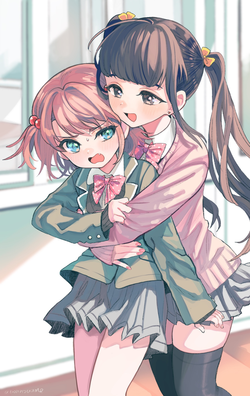 2girls :d amezawa_koma black_legwear blush bow bowtie brown_eyes brown_hair cardigan copyright_request earrings fang fingernails green_jacket grey_skirt hair_bobbles hair_bow hair_ornament heart heart_earrings highres hug hug_from_behind jacket jewelry long_sleeves miniskirt multiple_girls nail_polish open_mouth pink_bow pink_cardigan pink_nails pink_neckwear pleated_skirt polka_dot polka_dot_bow short_hair skirt smile thighhighs twintails yellow_bow zettai_ryouiki