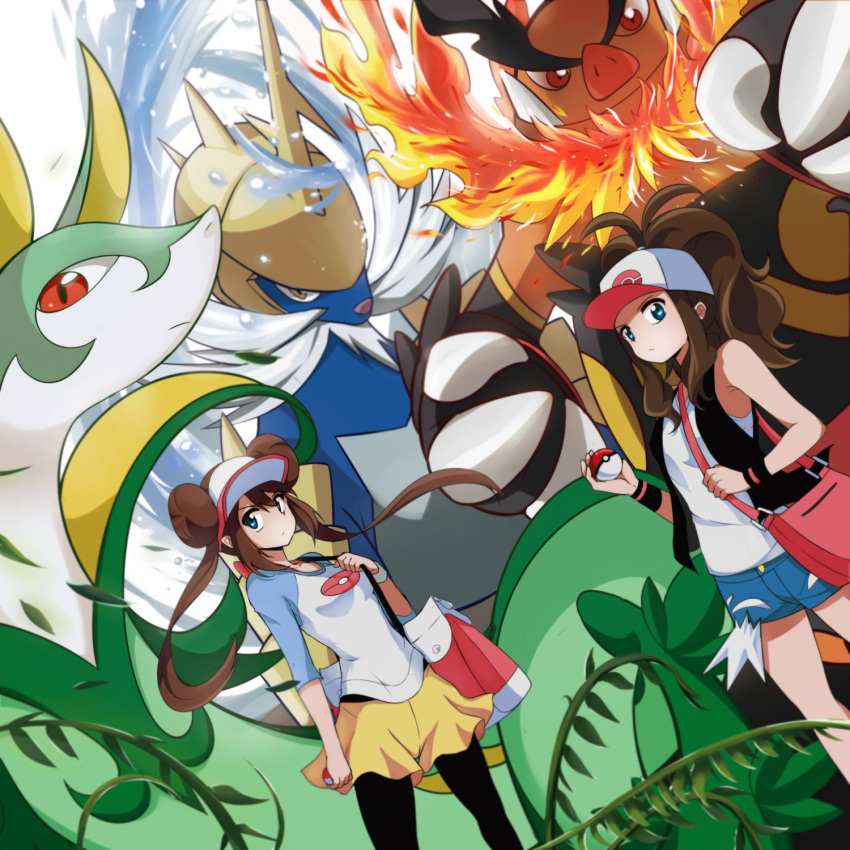 2girls bag bangs baseball_cap black_legwear black_vest blue_eyes bow brown_hair caibao_return closed_mouth commentary denim denim_shorts double_bun emboar gen_5_pokemon hand_up hat high_ponytail highres hilda_(pokemon) holding holding_poke_ball holding_strap legwear_under_shorts long_hair multiple_girls pantyhose pink_bow poke_ball poke_ball_(basic) pokemon pokemon_(creature) pokemon_(game) pokemon_bw pokemon_bw2 raglan_sleeves rosa_(pokemon) samurott serperior shirt short_shorts shorts shoulder_bag sidelocks sleeveless sleeveless_shirt tank_top twintails vest visor_cap white_shirt wristband yellow_shorts