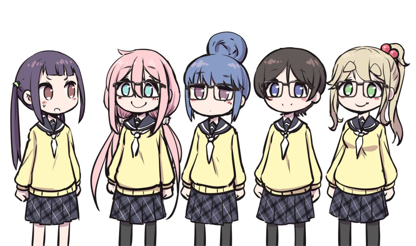 5girls bangs bespectacled black-framed_eyewear black_hair black_legwear blue_eyes blue_hair blunt_bangs blush brown_eyes closed_mouth eyebrows_visible_through_hair fang glasses green_eyes green_hair hair_bobbles hair_bun hair_ornament inuyama_aoi kagamihara_nadeshiko long_hair long_sleeves looking_at_another multiple_girls n2midori neckerchief no_eyewear oogaki_chiaki pantyhose parted_lips pink_hair pleated_skirt purple_eyes purple_hair saitou_ena school_uniform shima_rin short_hair side_ponytail sidelocks skin_fang skirt smile sweatdrop swept_bangs thick_eyebrows twintails white_neckwear yurucamp