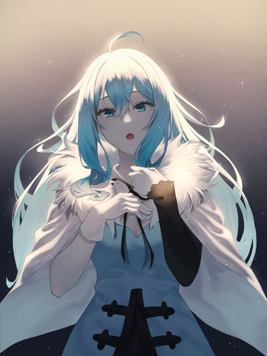 1girl 6juo7epnbvatvf6 ahoge android blue_dress blue_eyes blue_hair cape dress elbow_gloves eyebrows_visible_through_hair floating_hair fur_cape fur_collar gloves hair_between_eyes hand_on_own_chest highres long_hair looking_at_viewer open_mouth single_elbow_glove solo vivy vivy:_fluorite_eye's_song white_gloves