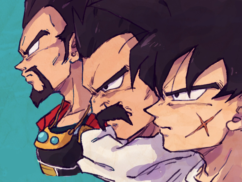 3boys adam's_apple armor bardock beard black_eyes black_hair blue_background cheekbones close-up closed_mouth collarbone cropped_shoulders dragon_ball dragon_ball_minus dragon_ball_super dragon_ball_super_broly dragon_ball_z face facial_hair facing_away from_side frown highres jewelry king_vegeta lineup looking_afar male_focus multiple_boys necklace paragus_(dragon_ball_super) profile scar scar_on_cheek scar_on_face serious simple_background spiked_hair tkgsize wrinkles