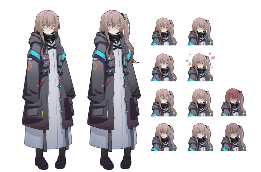 1girl absurdres alternate_hairstyle anger_vein arknights bangs black_footwear blush boots brown_hair closed_eyes closed_mouth coat crying crying_with_eyes_open doctor_(arknights) expression_chart girls'_frontline hair_between_eyes half-closed_eyes highres hood hood_down koorihibari long_hair looking_at_viewer one_side_up open_mouth scar scar_across_eye simple_background sleeves_past_fingers sleeves_past_wrists smile standing tears tongue tongue_out ump45_(girls'_frontline) white_background