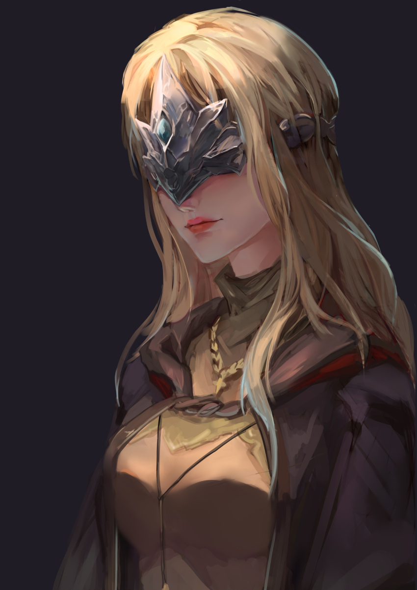 1274433817 1girl absurdres blonde_hair cloak closed_mouth dark_souls_i fire_keeper grey_background grey_cloak highres hood hooded_cloak jewelry light_smile long_hair mask necklace open_cloak open_clothes pink_lips simple_background smile solo souls_(series) turtleneck upper_body