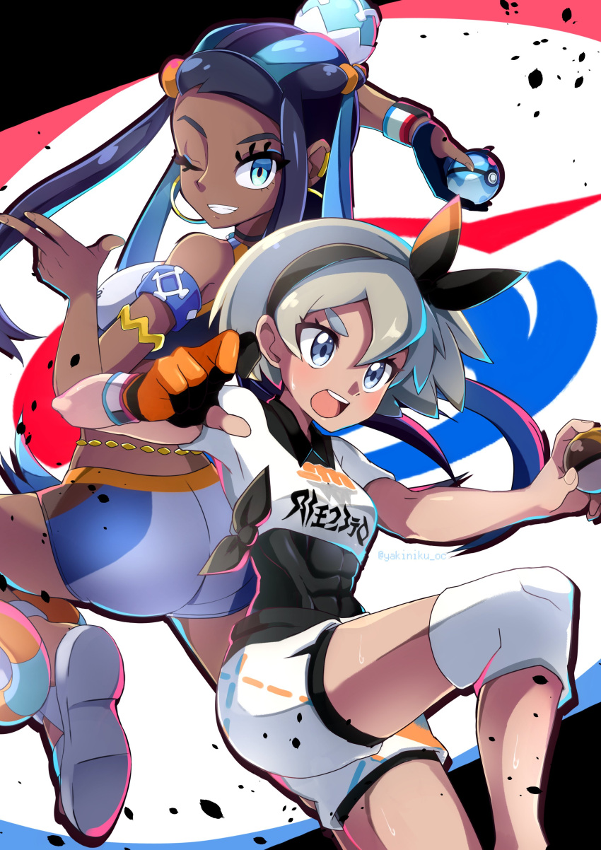 2girls absurdres armlet bangs bea_(pokemon) belly_chain bike_shorts black_bodysuit black_hair black_hairband blue_eyes blue_eyeshadow blue_hair bodysuit bodysuit_under_clothes bow_hairband collared_shirt commentary covered_abs dark-skinned_female dark_skin dive_ball dynamax_band earrings eyelashes eyeshadow gloves grey_eyes grey_hair grin gym_leader hair_between_eyes hair_bun hairband highres holding holding_poke_ball hoop_earrings jewelry knee_pads long_hair looking_at_viewer makeup miyama-san multicolored_hair multiple_girls nessa_(pokemon) one_eye_closed open_mouth partially_fingerless_gloves poke_ball pokemon pokemon_(game) pokemon_swsh print_shirt print_shorts sandals shirt short_hair short_sleeves shorts side_slit side_slit_shorts single_glove smile tongue two-tone_hair ultra_ball upper_teeth white_footwear