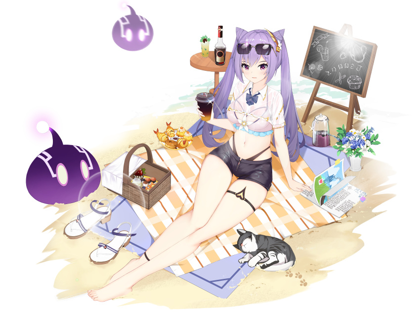 1girl absurdres alternate_costume aze_not_bald barefoot beach beach_towel bikini black_shorts book breasts cat crop_top cup disposable_cup eyewear_on_head flower food footwear_removed genshin_impact hair_cones hair_ornament highres holding jar long_hair looking_at_viewer medium_breasts menu_board midriff navel picnic_basket purple_eyes purple_hair sand sandals shirt short_shorts shorts slime_(genshin_impact) solo sunglasses swimsuit thigh_gap thigh_strap towel twintails