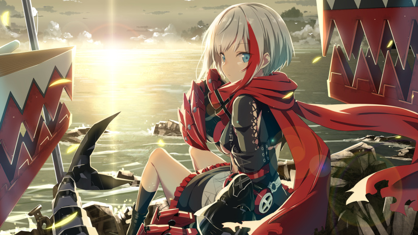 1girl admiral_graf_spee_(azur_lane) azur_lane bangs black_dress black_footwear black_legwear blue_eyes blunt_bangs blush boots breasts closed_mouth cloud commentary_request dress eyebrows_visible_through_hair fish_tail gotyou grey_sky kneehighs lens_flare loading_screen long_sleeves looking_at_viewer mechanical_gloves mechanical_hands multicolored_hair ocean official_art outdoors red_hair red_scarf rigging scarf shark_tail short_hair sidelocks silver_hair sitting small_breasts solo streaked_hair sunrise sunset tail wind