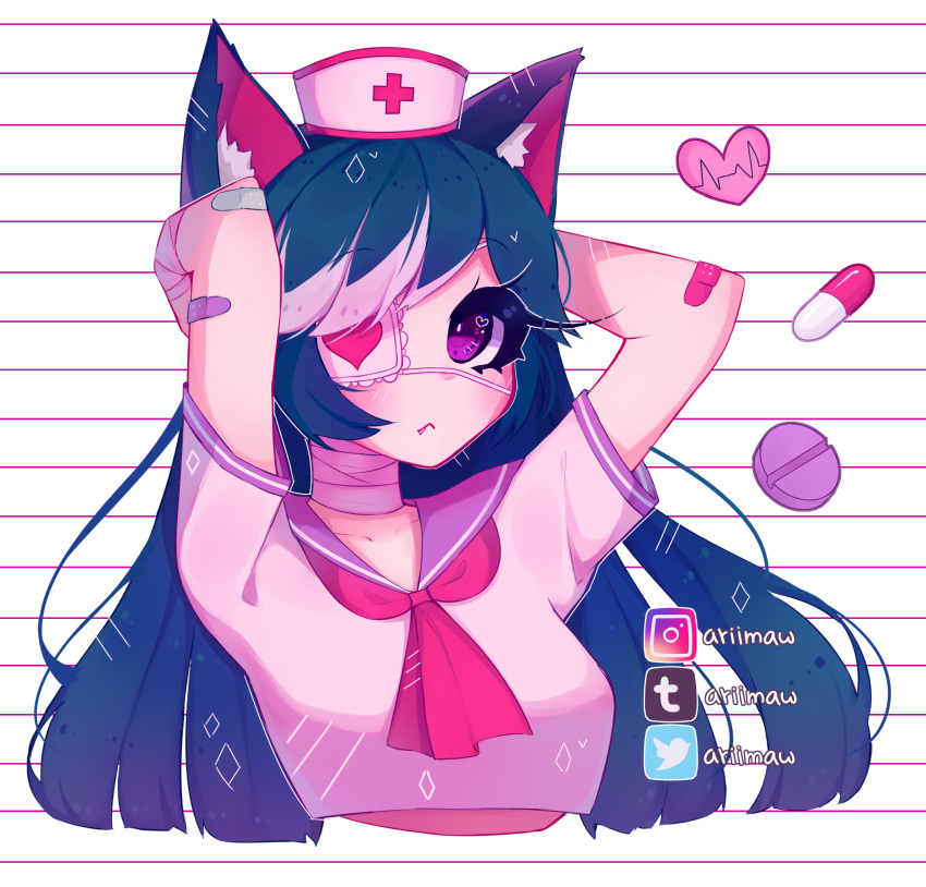 1girl :/ animal_ear_fluff animal_ears ariimaw arms_behind_head arms_up bandaged_arm bandaged_neck bandages bandaid blue_hair breasts closed_mouth collarbone commission cropped_shirt eyebrows_visible_through_hair eyepatch fang fang_out fox_ears hat heart highres horizontal_stripes instagram_logo instagram_username long_eyelashes long_hair medical medical_eyepatch medicine multicolored_hair neckerchief nurse_cap original pill pink_hair pink_neckwear purple_eyes sailor_collar short_sleeves solo striped striped_background tumblr_logo tumblr_username twitter_logo twitter_username two-tone_hair