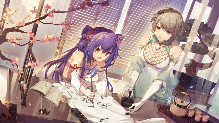 2girls bangs bare_shoulders benghuai_xueyuan bonsai book breasts brown_hair calligraphy_brush character_request cherry_blossoms china_dress chinese_clothes cleavage cup drawing dress elbow_gloves gloves hair_between_eyes hair_over_one_eye happy highres honkai_(series) honkai_impact_3rd indoors ink multiple_girls official_art paintbrush paper petals plant purple_hair red_eyes rita_rossweisse table tea teacup teapot tray white_gloves yellow_eyes
