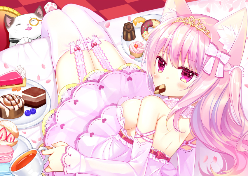1girl animal animal_ear_fluff animal_ears bangs blush bow breasts cat cat_ears checkerboard_cookie checkered checkered_floor closed_mouth commentary_request cookie cup doughnut dress eyebrows_visible_through_hair food food_in_mouth garter_straps hair_between_eyes hair_bow holding holding_cup layered_dress long_hair looking_at_viewer looking_back medium_breasts monocle mouth_hold original petals pink_dress pink_hair plate purple_eyes shikito solo teacup thighhighs very_long_hair white_bow white_legwear
