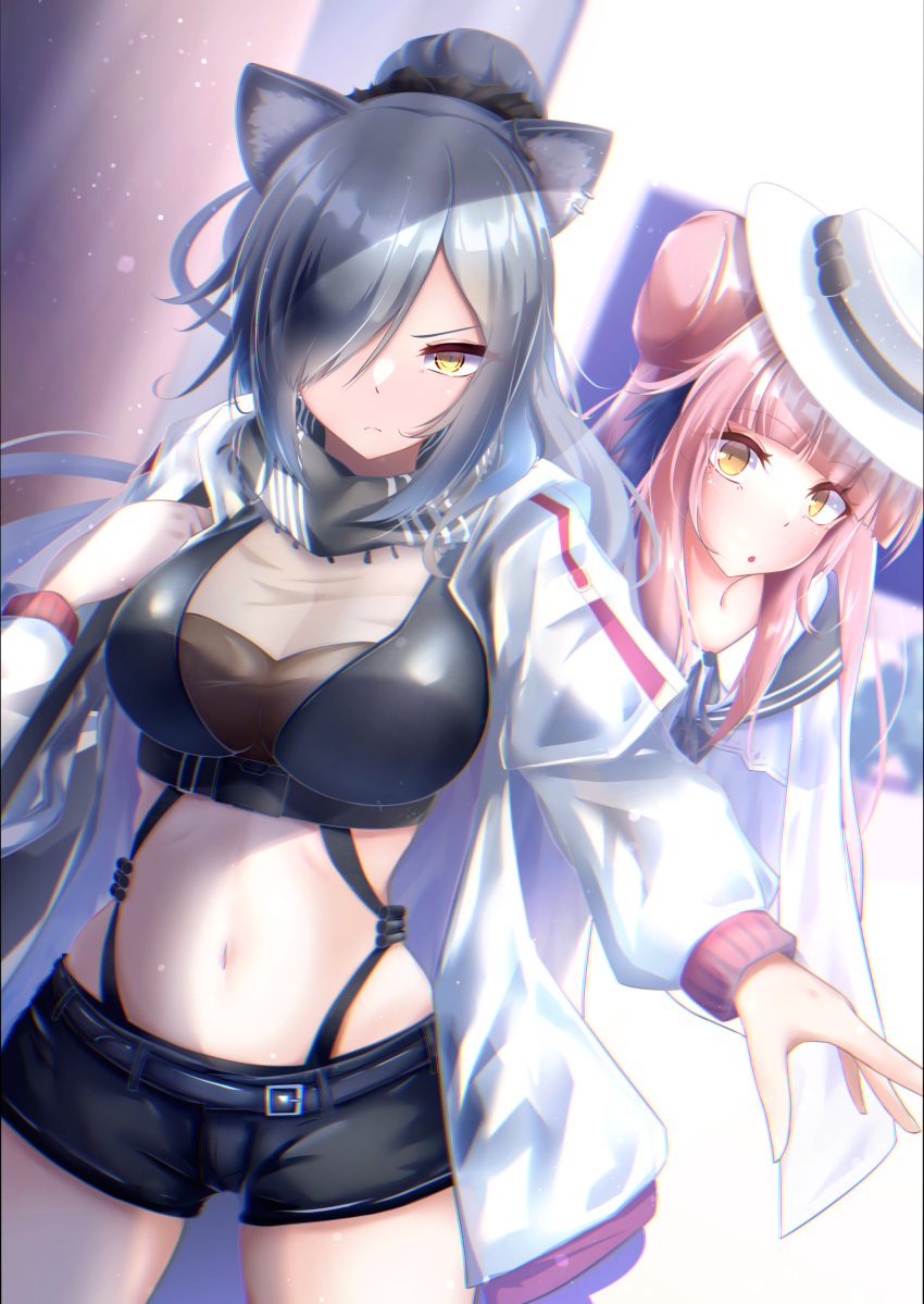 2girls :o absurdres animal_ears arknights bag bangs black_scarf black_shorts blue_feathers blunt_bangs bow breasts cat_ears ceylon_(arknights) cleavage closed_mouth commentary_request cowboy_shot crop_top dress eyebrows_visible_through_hair hair_between_eyes hat hat_bow highres holding holding_bag jacket large_breasts long_hair looking_at_viewer midriff multiple_girls navel open_clothes open_jacket pink_hair ponytail scarf schwarz_(arknights) short_shorts shorts shoulder_bag sidelocks silver_hair sopranino standing underbust white_dress white_headwear white_jacket yellow_eyes