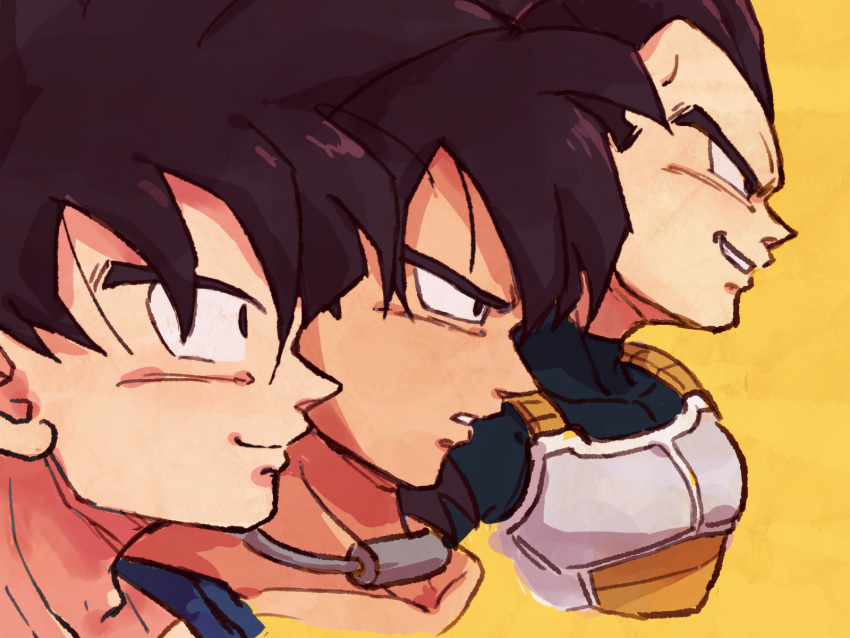 3boys armor black_eyes black_hair blue_bodysuit bodysuit broly_(dragon_ball_super) close-up closed_mouth collar collarbone cropped_shoulders dragon_ball dragon_ball_super dragon_ball_super_broly dragon_ball_z expressionless face facing_away from_side frown grin highres lineup looking_afar male_focus metal_collar multiple_boys parted_lips profile simple_background smile son_goku spiked_hair tkgsize vegeta yellow_background