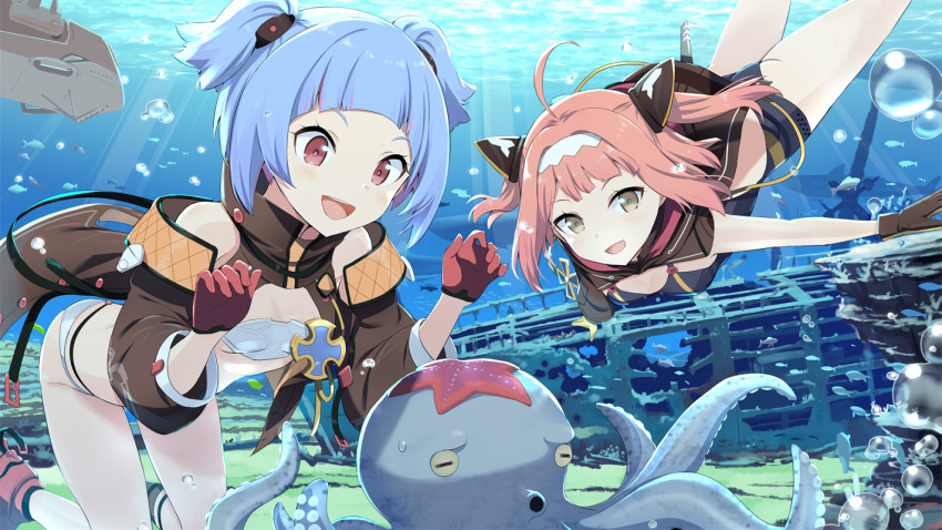 2girls :d ahoge air_bubble asymmetrical_sleeves azur_lane bangs bare_shoulders bikini black_swimsuit blue_hair blunt_bangs blush breasts brown_gloves brown_jacket bubble cleavage commentary_request fish gloves gotyou hair_ornament hairband iron_cross jacket light_rays loading_screen long_hair looking_at_animal multicolored_hair multiple_girls octopus official_art one-piece_swimsuit open_clothes open_jacket open_mouth pink_hair purple_hair red_eyes red_footwear red_gloves rudder_footwear shipwreck short_hair short_twintails sidelocks single_sleeve small_breasts smile starfish stomach strapless strapless_bikini submarine swimsuit twintails two-tone_gloves two-tone_hair two_side_up u-556_(azur_lane) u-81_(azur_lane) underboob underwater watercraft white_bikini yellow_eyes yellow_gloves