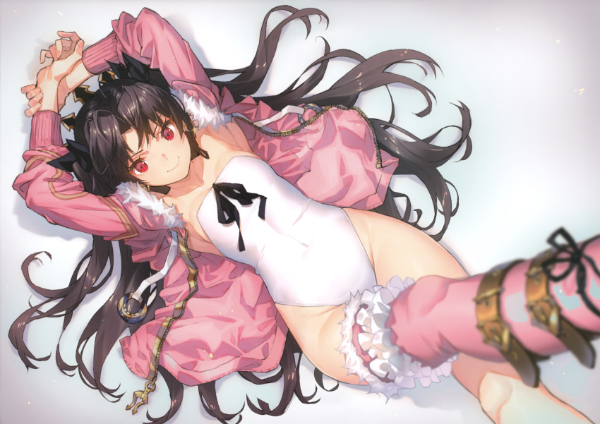 1girl absurdres armpits arms_up asymmetrical_legwear bangs black_hair breasts covered_navel earrings fate/grand_order fate_(series) frills fur-trimmed_legwear fur_trim highleg highleg_leotard highres hoop_earrings ishtar_(fate)_(all) ishtar_(swimsuit_rider)_(fate) jacket jewelry leotard lips long_hair long_legs long_sleeves looking_at_viewer lying on_back open_clothes open_jacket pink_jacket pink_legwear red_eyes saitou_masatsugu scan shadow shiny shiny_hair simple_background single_thighhigh smile solo thighhighs tiara twintails white_background white_leotard zipper zipper_pull_tab