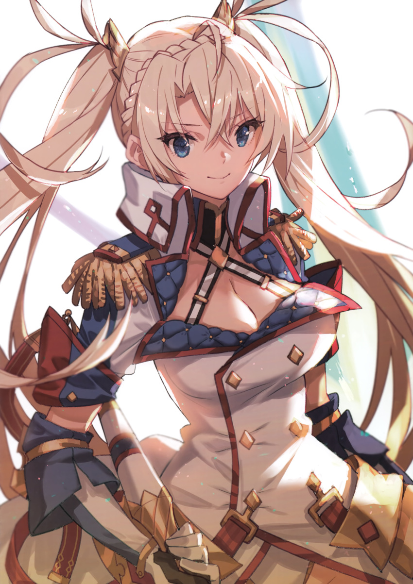 1girl absurdres bangs blonde_hair blue_eyes bradamante_(fate) braid breasts cleavage cleavage_cutout closed_mouth clothing_cutout elbow_gloves epaulettes fate/grand_order fate_(series) french_braid gloves hair_ornament highres holding leotard long_hair looking_at_viewer medium_breasts saitou_masatsugu scan shiny shiny_hair short_sleeves simple_background smile solo tied_hair twintails uniform upper_body white_background