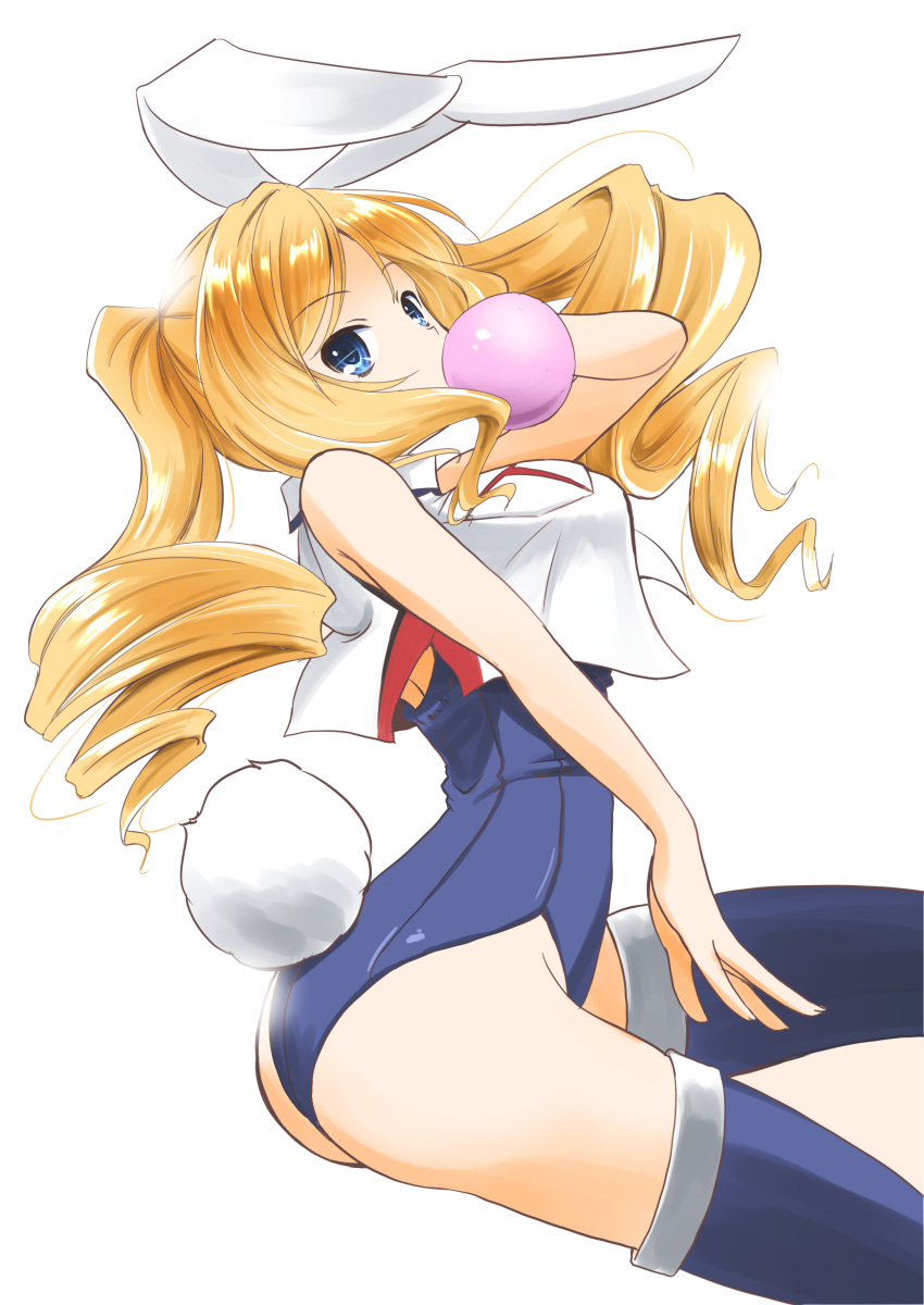 1girl absurdres adapted_costume animal_ears blonde_hair blue_eyes blue_legwear blue_leotard breasts bubble_blowing bunny_ears bunny_tail chewing_gum commentary_request crop_top drill_hair highres honolulu_(kancolle) kantai_collection large_breasts leotard long_hair looking_at_viewer one-hour_drawing_challenge playboy_bunny simple_background sleeveless solo tail taisinkoku thighhighs twin_drills twintails white_background