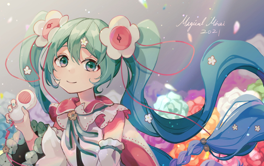 1girl aqua_eyes aqua_hair aqua_neckwear bangs blush braid closed_mouth clothing_request commentary detached_sleeves eyebrows_behind_hair floral_background flower gradient gradient_background gradient_hair grey_background hair_between_eyes hair_flower hair_ornament hatsune_miku holding long_hair long_sleeves looking_at_viewer multicolored_hair ribbon sazanami_(ripple1996) smile solo twintails upper_body very_long_hair vocaloid wide_sleeves