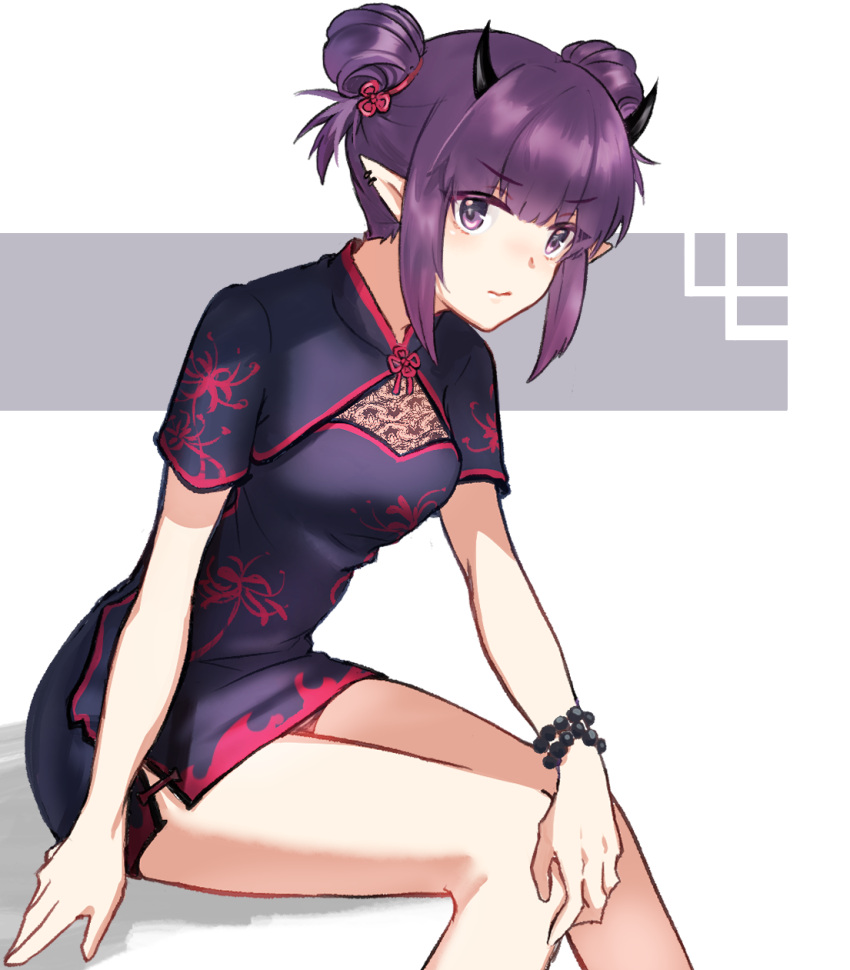 1girl alternate_costume arknights bead_bracelet beads black_dress bracelet china_dress chinese_clothes chinese_commentary demon_horns double_bun dress eyebrows_visible_through_hair feet_out_of_frame highres horns jewelry lava_(arknights) looking_at_viewer mabing purple_eyes purple_hair shadow short_hair_with_long_locks sitting solo