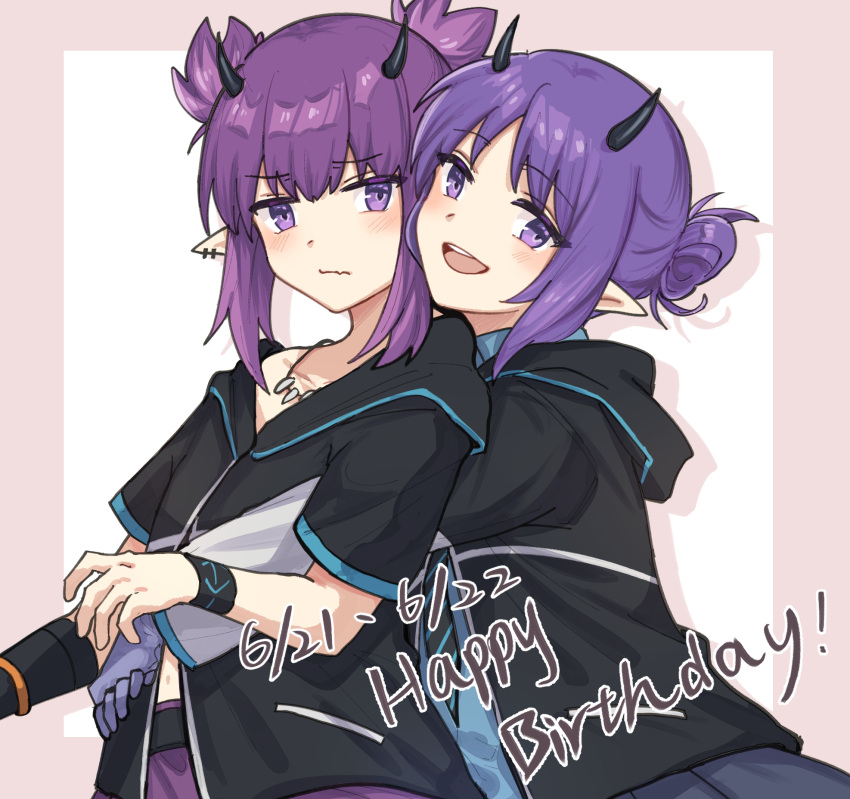 2girls arknights black_gloves black_jacket black_shirt blue_gloves blue_shirt blue_skirt blush chinese_commentary collarbone dated demon_horns gloves hair_bun happy_birthday hibiscus_(arknights) highres horns infection_monitor_(arknights) jacket jewelry lava_(arknights) looking_at_viewer mabing multiple_girls navel necklace necktie open_mouth pointy_ears purple_eyes purple_hair purple_skirt shirt short_hair short_twintails siblings sisters skirt tooth_necklace twintails upper_body wristband