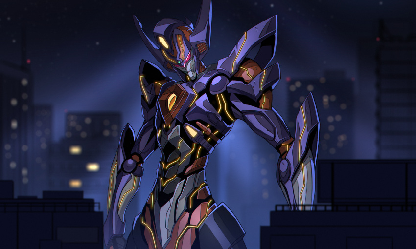 3ok absurdres blurry blurry_background city gridknight_(ssss.gridman) gridman_universe head_tilt highres huge_filesize looking_down mecha night no_humans science_fiction solo ssss.dynazenon visor