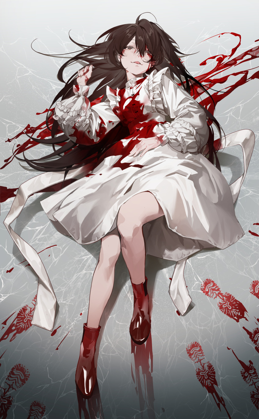 1girl absurdres bangs blood blood_on_clothes blood_on_dress blood_on_face blood_stain brown_eyes brown_hair dress footprints full_body highres long_hair long_sleeves lying nea_(nongta2002) on_back original red_footwear shoes solo tongue tongue_out white_dress