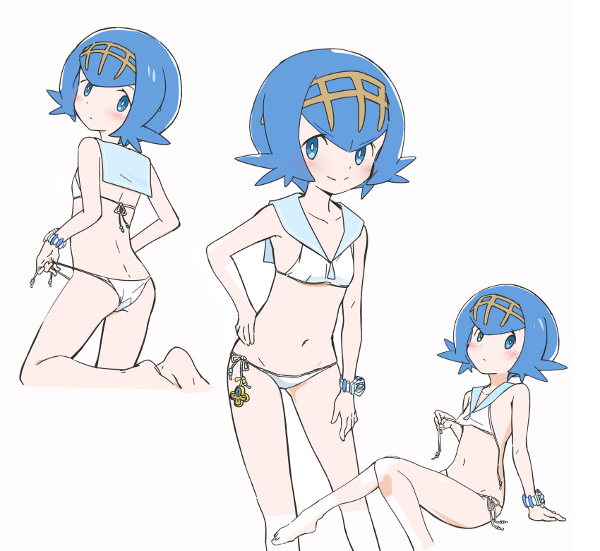 1girl adapted_costume arm_support bangs barefoot bikini bikini_tug blue_eyes blue_hair blush bracelet bright_pupils closed_mouth collarbone commentary_request eyebrows_visible_through_hair eyelashes hairband hand_on_hip highres jewelry kneeling knees_together_feet_apart lana_(pokemon) leaning_forward looking_at_viewer looking_back multiple_views nagitaro navel no_sclera pokemon pokemon_(game) pokemon_sm sailor_collar short_hair side-tie_bikini sitting soles swimsuit toes trial_captain white_bikini white_pupils yellow_hairband z-ring