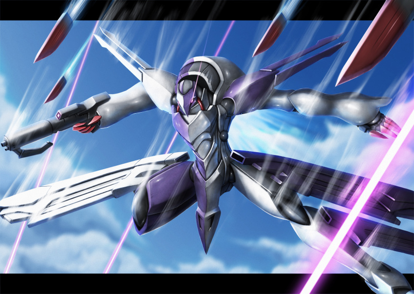 cloud crossbone_gundam funnels glowing glowing_eye gun gundam highres holding holding_gun holding_weapon impulse_cornix koma_hito looking_down mecha no_humans open_hand pink_eyes science_fiction sky solo weapon