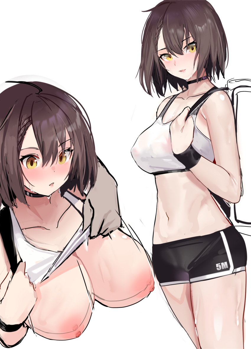 1girl absurdres afterimage azur_lane bag baltimore_(azur_lane) baltimore_(black_ace)_(azur_lane) bare_shoulders black_choker black_shorts braid breasts brown_hair choker collarbone covered_nipples crop_top duffel_bag gree4 hair_between_eyes highres large_breasts looking_at_viewer midriff multiple_views navel nipples parted_lips see-through short_hair short_shorts shorts simple_background sleeveless sports_bra stomach sweat sweatband thighs white_background yellow_eyes