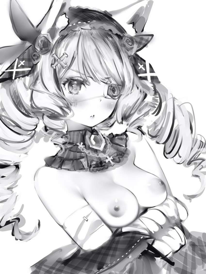 1girl animal_ears blush bow breasts copyright_request cross_hair_ornament crossed_arms drill_hair eyepatch flower_eyepatch greyscale hair_bow hair_ornament highres long_hair looking_at_viewer medium_breasts monochrome nanashi_(nlo) nipples parted_lips simple_background solo twin_drills twintails white_background