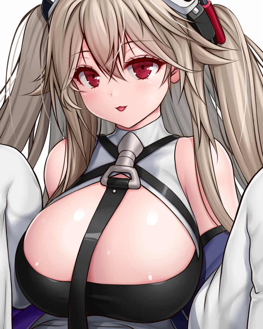1girl :3 asamura_hiori azur_lane bare_shoulders blush breasts brown_hair character_request cleavage detached_sleeves hair_ornament highres huge_breasts long_hair looking_at_viewer open_mouth red_eyes smile solo twintails wide_sleeves