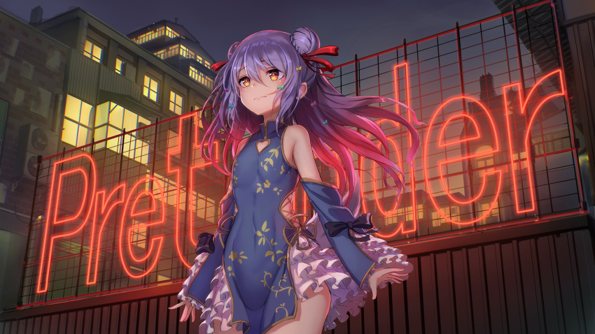 1boy arms_at_sides bangs blue_dress blue_hair blush braid braided_bun china_dress chinese_clothes city_lights cityscape cleavage_cutout clothing_cutout covered_navel cross-laced_clothes detached_sleeves dog_tail double_bun dress eyebrows_visible_through_hair frilled_dress frilled_sleeves frills frown gittan_safety hair_between_eyes hair_ribbon heart_cutout highres inuyama_tamaki long_hair looking_away male_focus neon_lights noripro otoko_no_ko pelvic_curtain ribbon rooftop sad side_cutout sidelocks skin_tight sleeveless sleeveless_dress solo tail virtual_youtuber yellow_eyes