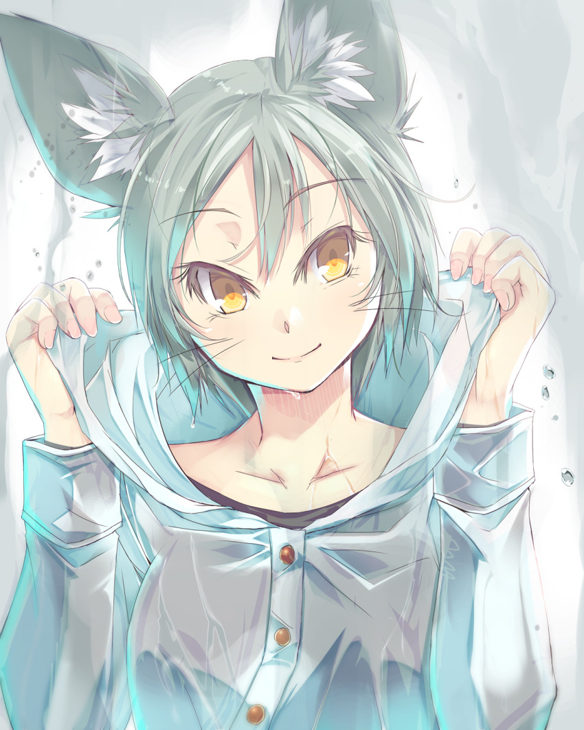 1girl animal_ear_fluff animal_ears bangs black_shirt brown_eyes cat_ears closed_mouth commentary_request eyebrows_visible_through_hair grey_hair hair_between_eyes hands_up head_tilt highres hood hood_down hooded_jacket jacket long_sleeves looking_at_viewer original raincoat satomi see-through shirt smile solo upper_body water_drop whiskers