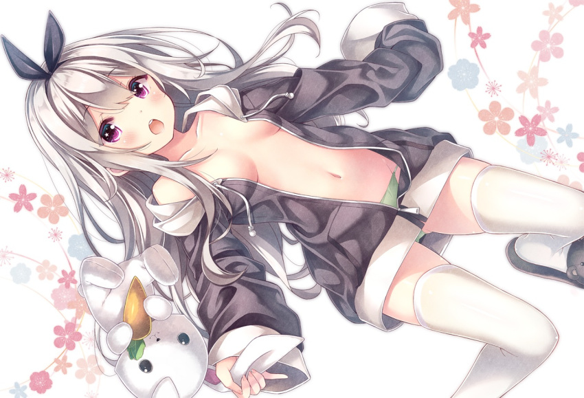 blush breasts bunny gray_hair headband hoodie long_hair navel no_bra original panties purple_eyes ryo thighhighs underwear zettai_ryouiki