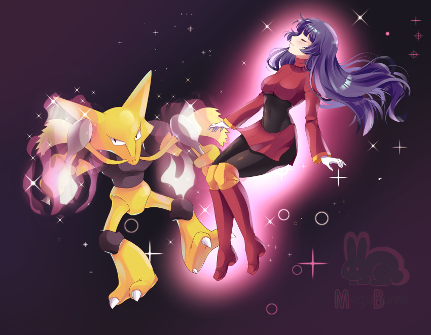 1girl absurdres alakazam bangs black_bodysuit blush bodysuit boots breasts closed_eyes closed_mouth commentary covered_navel crop_top english_commentary floating_hair gen_1_pokemon gloves gym_leader highres holding holding_spoon knees_together_feet_apart long_hair long_sleeves megubunn pokemon pokemon_(creature) pokemon_(game) pokemon_frlg purple_hair red_footwear red_skirt sabrina_(pokemon) shiny shiny_hair side_slit skirt sparkle spoon turtleneck watermark white_gloves