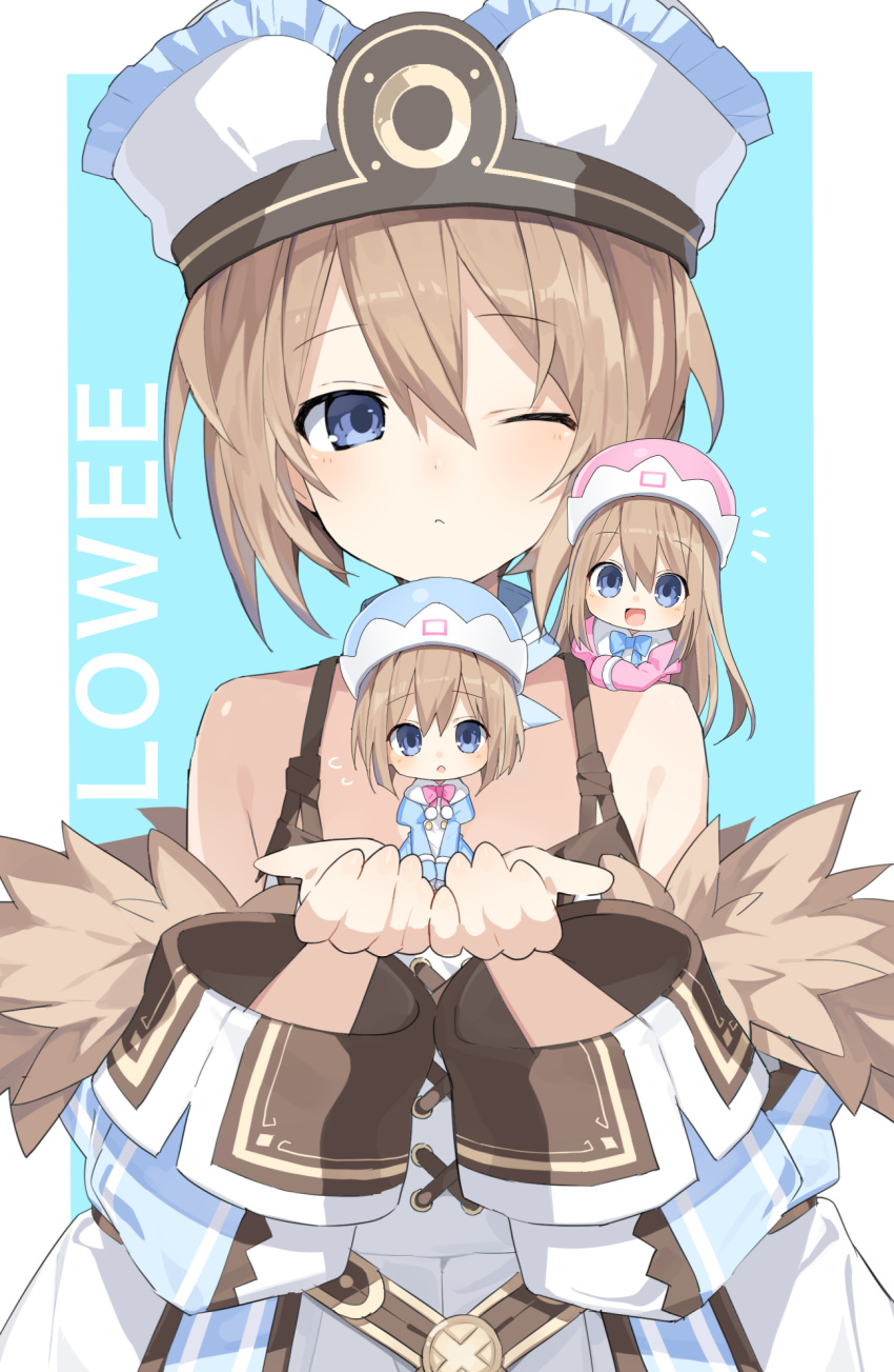 3girls :d :o ;( alternate_size bare_shoulders blanc blue_coat blue_eyes blue_headwear blue_neckwear blush bow bowtie brown_hair buran_buta coat dress expressionless full_body fur-trimmed_coat fur_trim hair_between_eyes hands_up happy hat highres leaning_over long_hair looking_at_another looking_at_viewer medium_hair minigirl multiple_girls neptune_(series) off-shoulder_coat off_shoulder on_shoulder one_eye_closed open_mouth pink_coat pink_headwear pink_neckwear pom_pom_(clothes) ram_(re:zero) rom_(idaten93) siblings sisters sitting_on_hand smile spaghetti_strap twins upper_body very_long_hair white_coat white_dress white_headwear wide_sleeves