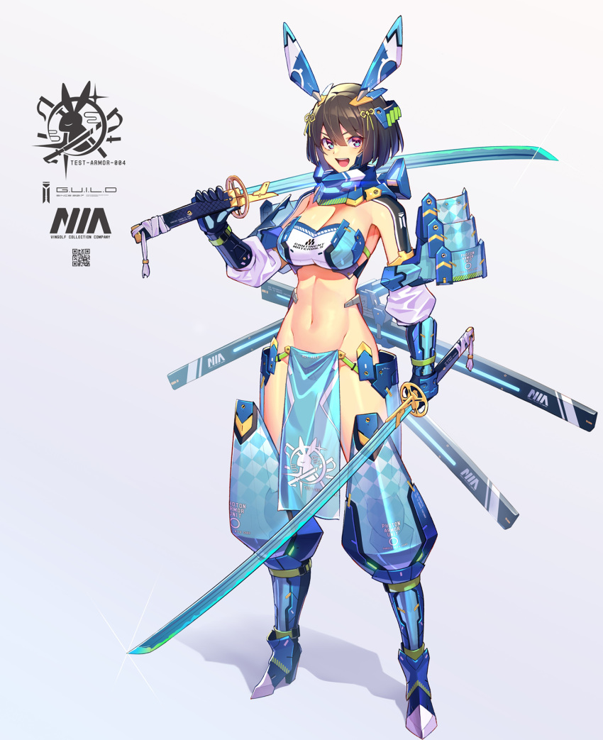 1girl animal_ears armor bandeau bikini_armor blue_eyes breasts brown_hair bunny_ears cleavage dual_wielding full_body headgear highres holding holding_sword holding_weapon katana large_breasts logo mechanical_ears nadare-san_(nadare3nwm) navel original pelvic_curtain qr_code revision shadow short_hair solo sword weapon white_background