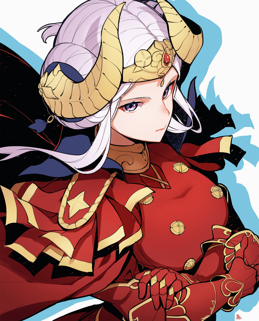 1girl axe aymr_(fire_emblem) breasts cape closed_mouth edelgard_von_hresvelg fire_emblem fire_emblem:_three_houses hair_ornament highres horns long_hair long_sleeves looking_at_viewer nakabayashi_zun purple_eyes red_cape simple_background solo uniform weapon white_hair