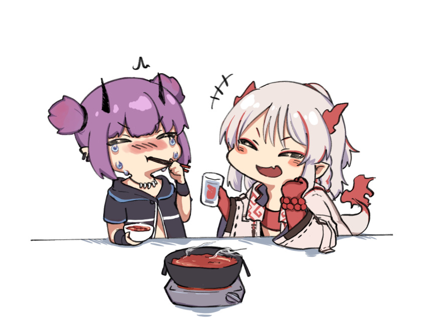 2girls arknights bead_bracelet beads black_shirt blush_stickers bowl bracelet chibi chinese_commentary chopsticks closed_eyes crying cup demon_horns dragon_girl dragon_horns dragon_tail eating fang flush glass holding holding_bowl holding_chopsticks holding_cup horns hotpot jacket jewelry lava_(arknights) mabing multicolored_hair multiple_girls nian_(arknights) open_mouth pointy_ears ponytail red_bandeau red_hair shirt short_hair short_twintails simple_background skin_fang spicy streaked_hair tail tail-tip_fire tooth_necklace twintails upper_body v-shaped_eyebrows white_background white_hair white_jacket