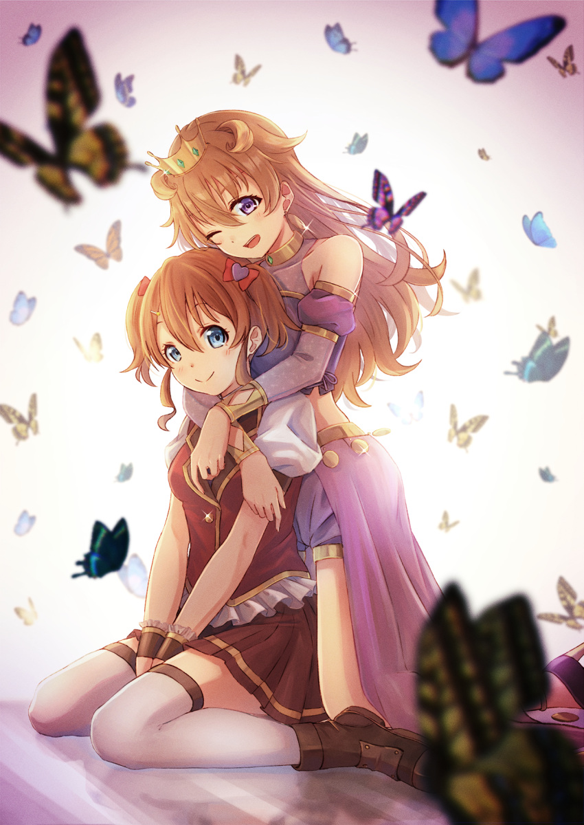 2girls bare_shoulders blush boots brown_footwear brown_hair bug butterfly butterfly_(love_live!) buttons crown detached_sleeves double_bun high_heels highres hug hug_from_behind insect konoe_haruka konoe_kanata long_hair love_live! love_live!_nijigasaki_high_school_idol_club macken666 miniskirt multiple_girls orange_hair purple_eyes purple_footwear purple_shorts purple_tank_top red_vest short_hair shorts siblings sisters skirt tank_top thighhighs twintails vest wavy_hair white_legwear wrist_cuffs yuri