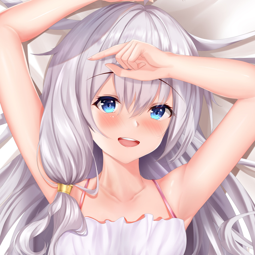 1girl :d absurdres armpits arms_up bangs blue_eyes blush collarbone dakimakura_(medium) elaina_(majo_no_tabitabi) eyebrows_visible_through_hair from_below hair_between_eyes highres kulayueyue long_hair lying majo_no_tabitabi on_back open_mouth portrait shiny shiny_hair silver_hair sleeveless smile solo spaghetti_strap