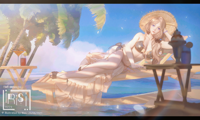 1girl absurdres beach bikini blonde_hair blue_sky breasts cleavage cocktail_glass cup drinking_glass fire_emblem fire_emblem:_three_houses fire_emblem_heroes food hat highres ice_cream irisl looking_at_viewer lying mercedes_von_martritz official_alternate_costume on_side palm_tree sarong shade side_ponytail sky solo straw_hat sundae swimsuit tree