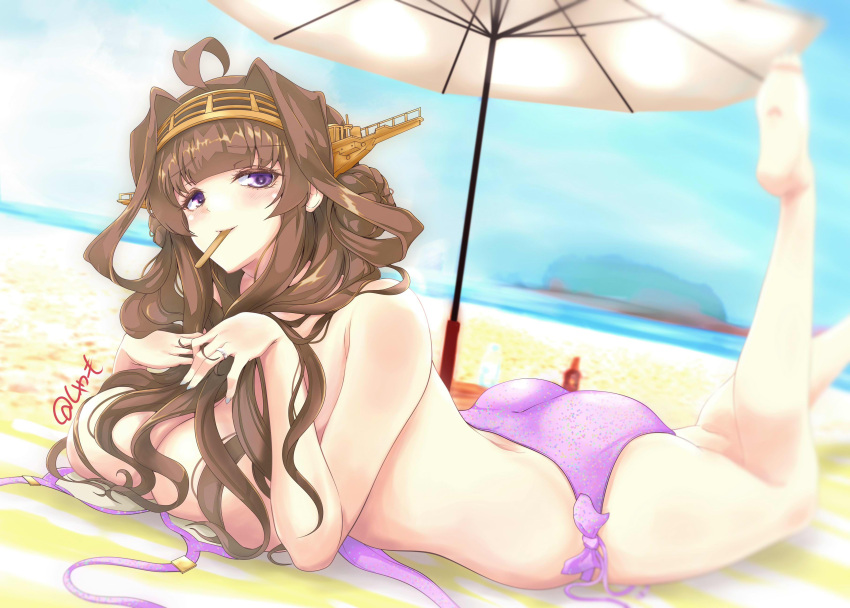 1girl absurdres ahoge beach beach_umbrella bikini blue_sky brown_hair cloud commentary_request day double_bun hairband headgear highres kantai_collection kongou_(kancolle) long_hair lying mouth_hold on_stomach outdoors popsicle_stick purple_bikini purple_eyes shamo_(ptwmjgda) side-tie_bikini sky solo swimsuit umbrella untied untied_bikini