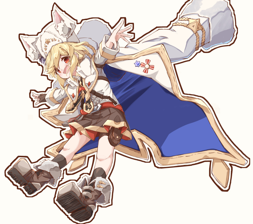 1girl :d absurdres animal_ear_fluff animal_ears animal_hat bangs black_legwear black_skirt blonde_hair boots brown_background brown_footwear brown_gloves commentary_request eyebrows_visible_through_hair fake_animal_ears fingerless_gloves fur_hat girls'_frontline gloves hat highres jacket jacket_on_shoulders long_sleeves looking_at_viewer matsuo_(matuonoie) nagant_revolver_(girls'_frontline) open_mouth outline outstretched_arms pleated_skirt red_eyes shirt shoe_soles single_glove skirt smile socks solo spread_arms white_headwear white_jacket white_outline white_shirt