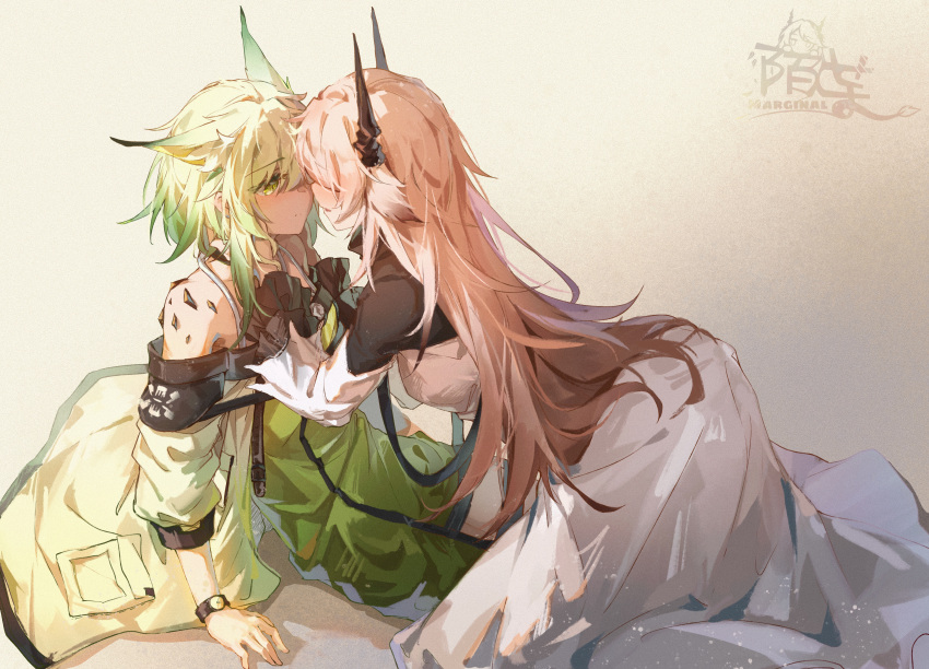 2girls absurdres animal_ears arknights artist_name bare_shoulders blonde_hair blush chinese_commentary commentary_request demon_horns detached_sleeves dress face-to-face gradient_hair green_hair hand_in_another's_hair highres horns kal'tsit_(arknights) kneeling long_hair long_sleeves looking_at_another lynx_ears lynx_girl medium_hair moyu_marginal multicolored_hair multiple_girls oripathy_lesion_(arknights) parted_lips pink_hair sitting theresa_(arknights) watch white_dress wristwatch yuri