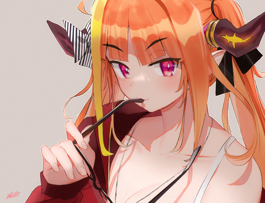 1girl ahoge black-framed_eyewear blush bow bra_strap breasts bright_pupils cleavage eyewear_in_mouth eyewear_removed fingernails glasses grey_background highres hololive horn_bow horns jacket kiryu_coco long_hair long_sleeves looking_at_viewer mouth_hold multicolored_hair orange_hair outline red_eyes red_jacket ryusei_hashida signature simple_background smile solo streaked_hair striped striped_bow twintails upper_body white_outline white_pupils