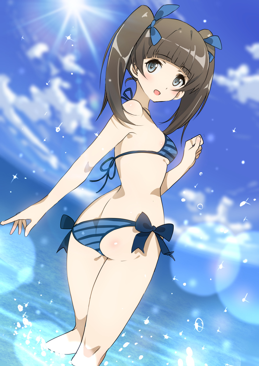 1girl absurdres ass beach bikini blue_bikini blue_eyes brave_witches breasts brown_hair cloud furuyama_itaru georgette_lemare highres long_hair ocean open_mouth outdoors ribbon side-tie_bikini sideboob sky small_breasts solo strike_witches striped striped_bikini swimsuit thighs twintails wading world_witches_series