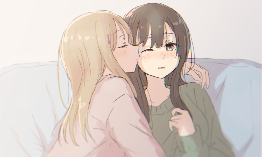 2girls absurdres arm_around_shoulder betock blonde_hair blush brown_eyes brown_hair cheek_kiss closed_eyes commentary_request couch eyebrows_visible_through_hair green_sweater hand_up highres kiss long_hair long_sleeves multiple_girls one_eye_closed original parted_lips pink_sweater soft_focus sweater yuri