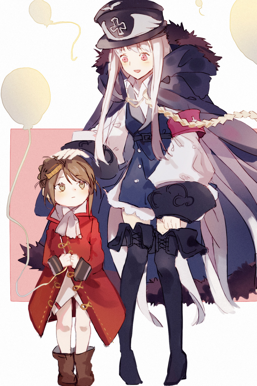 2girls armband balloon boots brown_hair cape girls'_frontline hat headpat highres iron_cross kar98k_(girls'_frontline) lanxee lee-enfield_(girls'_frontline) military military_hat military_uniform multiple_girls peaked_cap thigh_boots thighhighs uniform white_hair younger