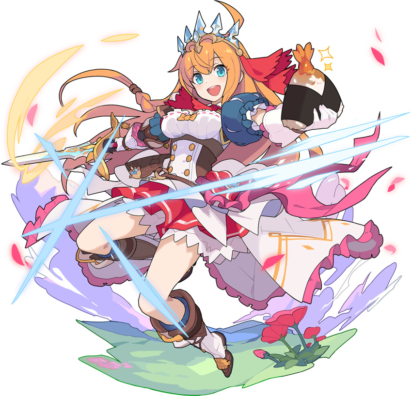 1girl ahoge armor arms_up artist_request ascot bangs blue_eyes blue_legwear blush boots bow braid breasts buttons cleavage cloud day eyebrows_visible_through_hair flower food frilled_skirt frills full_body gloves grass hair_ribbon happy highres holding holding_food holding_sword holding_weapon jumping knee_boots kneehighs leg_up long_hair looking_at_viewer medium_breasts miniskirt non-web_source nori_(seaweed) official_art onigiri open_mouth orange_bow orange_hair outdoors outstretched_arms pauldrons pecorine_(princess_connect!) petals pleated_skirt princess_connect! puffy_short_sleeves puffy_sleeves red_flower red_neckwear red_ribbon red_skirt ribbon shiny shiny_hair shirt short_sleeves shoulder_armor shrimp sidelocks single_pauldron skirt smile solo sparkle spread_arms sword teeth tiara tied_hair transparent_background waist_cape weapon white_footwear white_gloves world_flipper