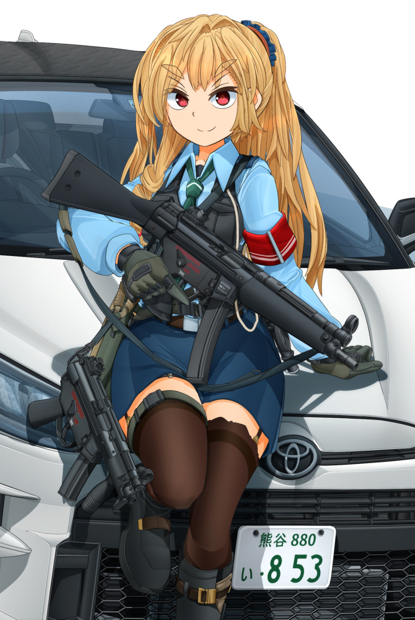 1girl arm_up bangs belt black_belt black_footwear black_legwear blonde_hair blue_scrunchie blue_shirt blue_skirt boots car closed_mouth commentary_request dress_shirt eyebrows eyebrows_visible_through_hair garter_straps gloves green_gloves green_neckwear ground_vehicle gun h&amp;k_mp5 h&amp;k_mp5k hair_ornament hair_over_shoulder hair_scrunchie heckler_&amp;_koch highres japanese_national_police_agency_(emblem) logo long_hair looking_at_viewer mikeran_(mikelan) miniskirt motor_vehicle necktie on_vehicle original partial_commentary police police_car police_uniform policewoman red_eyes scrunchie shadow shirt simple_background sitting skirt smile solo submachine_gun thighhighs toyota toyota_yaris trigger_discipline uniform weapon white_background wing_collar