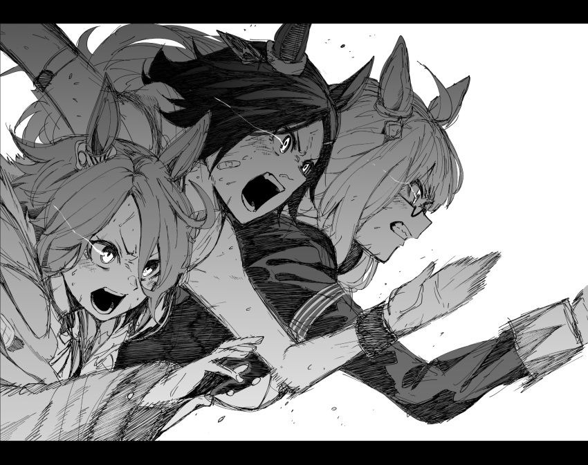 3girls animal_ears bandaid bandaid_on_cheek biwa_hayahide_(umamusume) glasses glowing glowing_eyes greyscale highres horse_ears monochrome motion_blur multiple_girls narita_taishin_(umamusume) open_mouth running tsukamoto_minori umamusume winning_ticket_(umamusume)